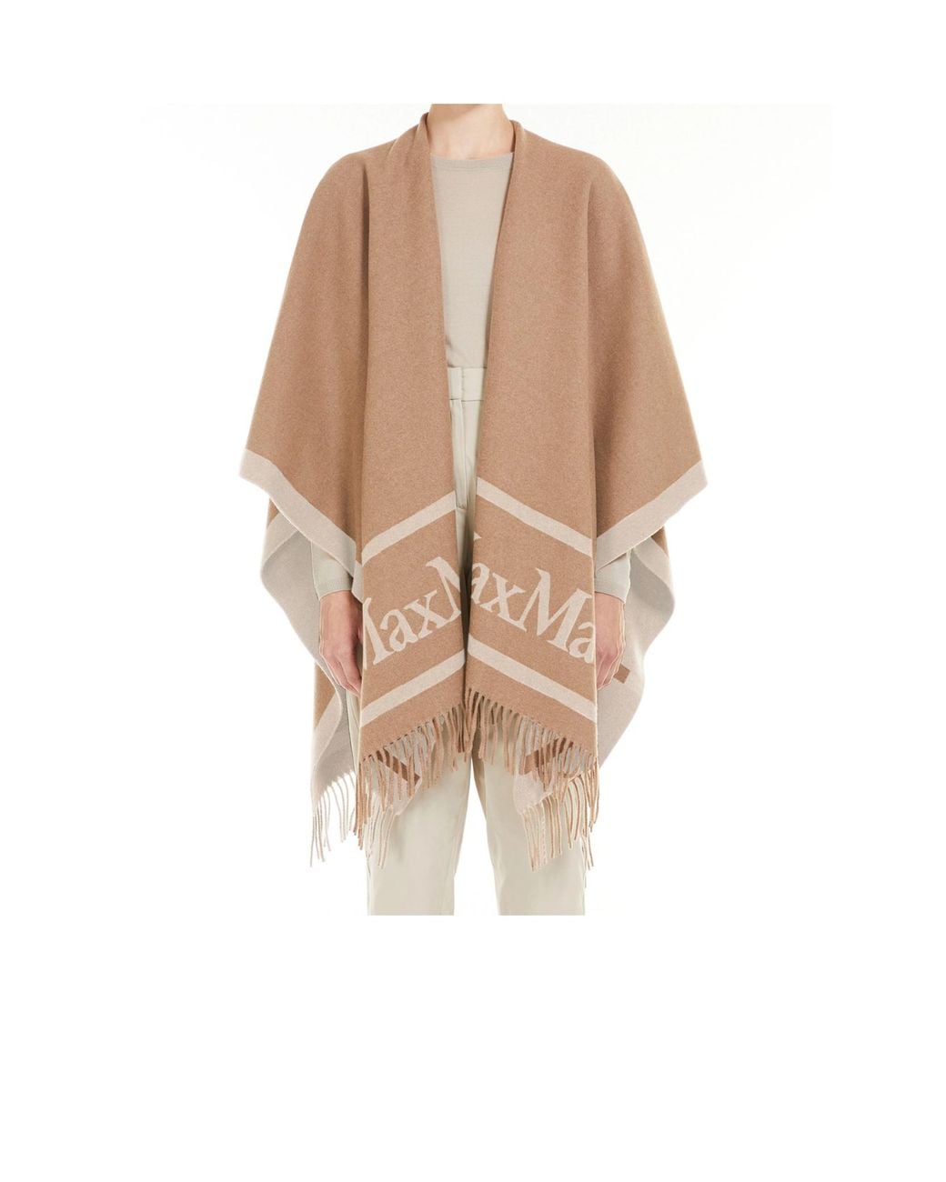Max Mara Natural Hilde Fringed V-Neck Cape