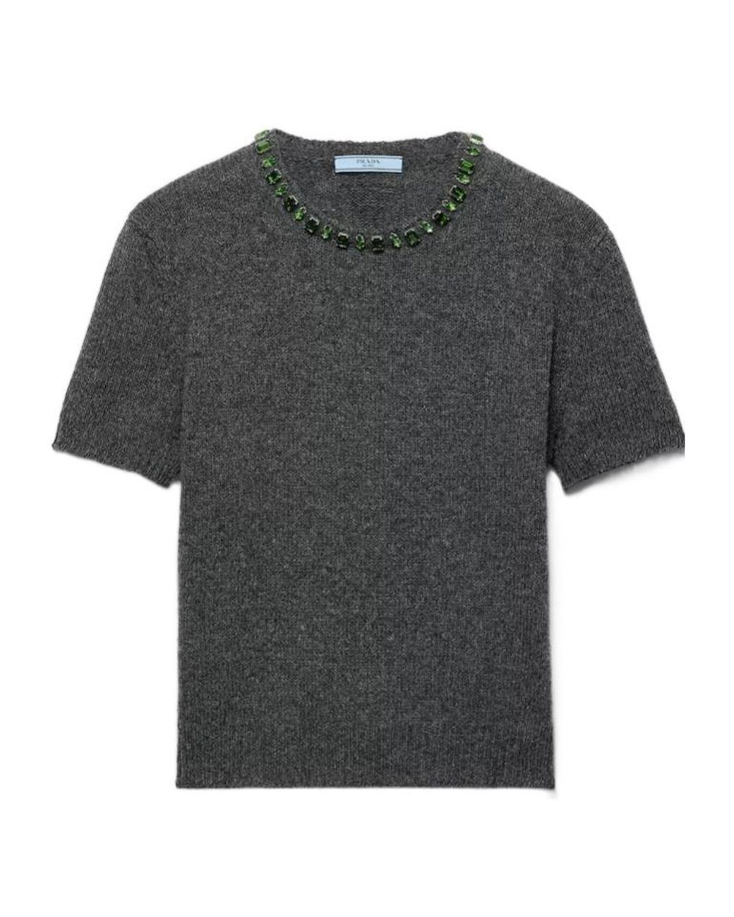 Prada Gray Embellished Short-Sleeved Jumper