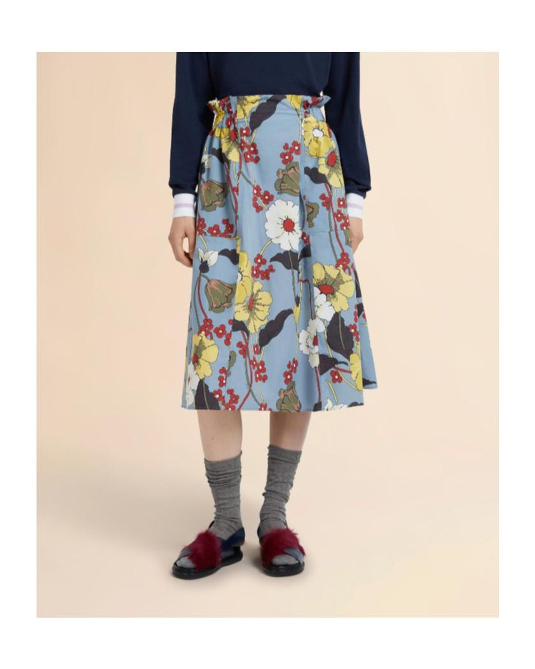 Marni Blue Melodia Printed Poplin Elasticated Midi Skirt