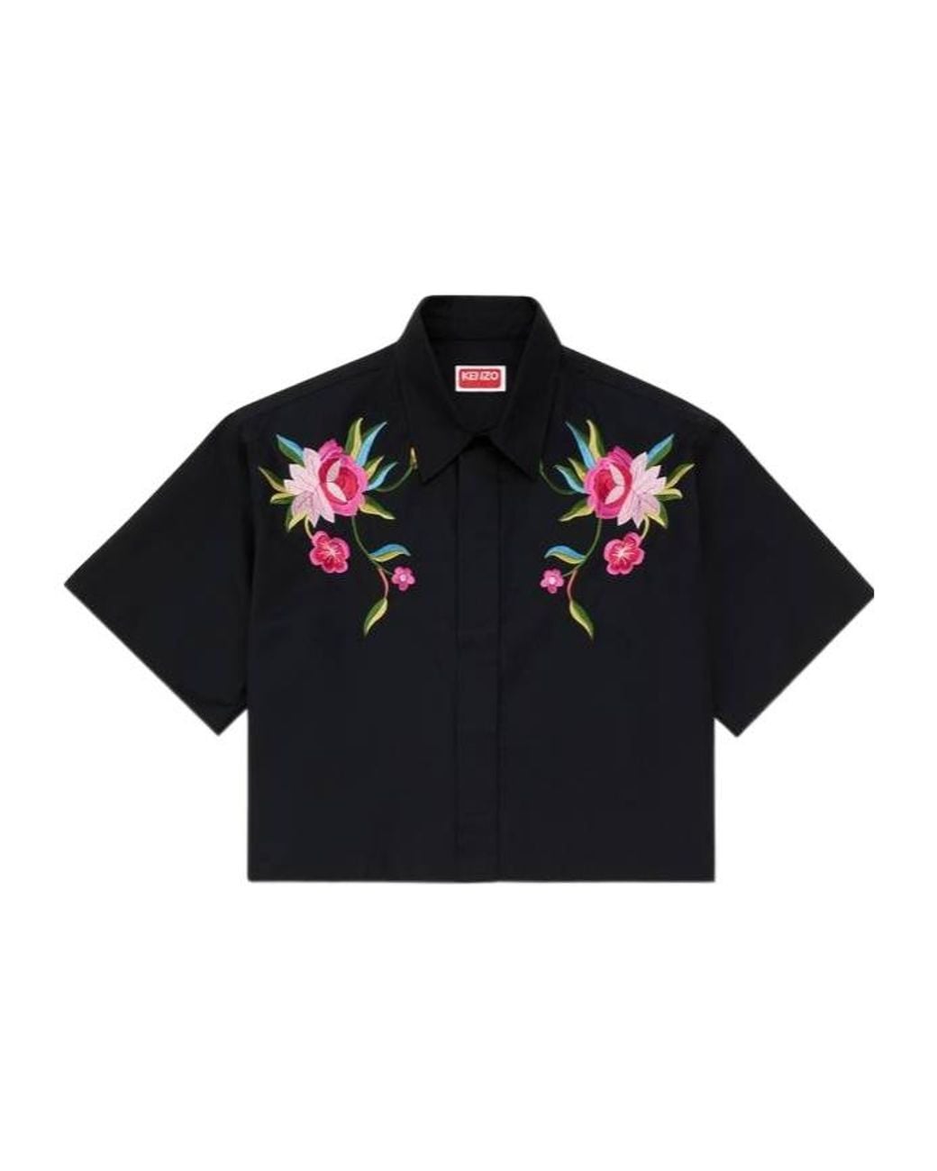 KENZO Black Floral Embroidered Cropped Shirt