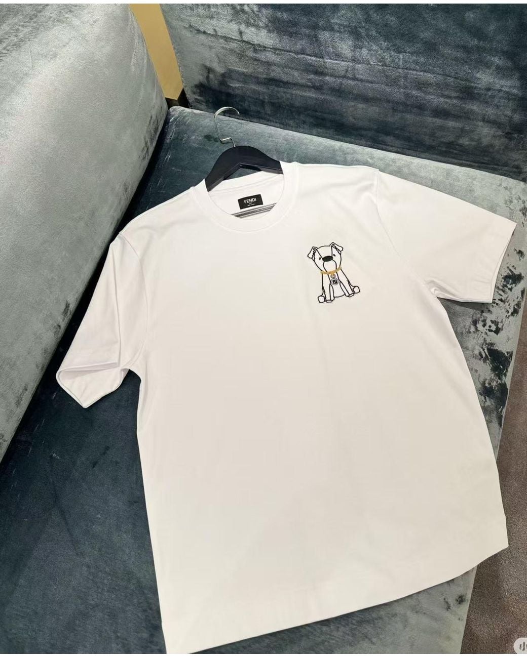 Fendi White Dog Embroidered Crewneck T-Shirt for men