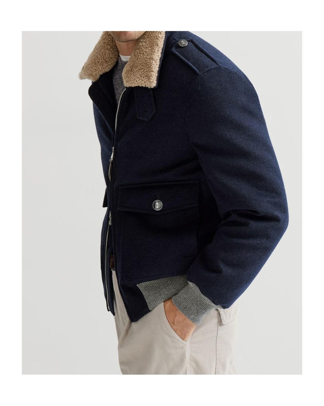 Brunello Cucinelli Blue Bonded Cashmere Beaver Cloth Bomber Jacket With Thermore Padding And Detachable Shearling Collar for men