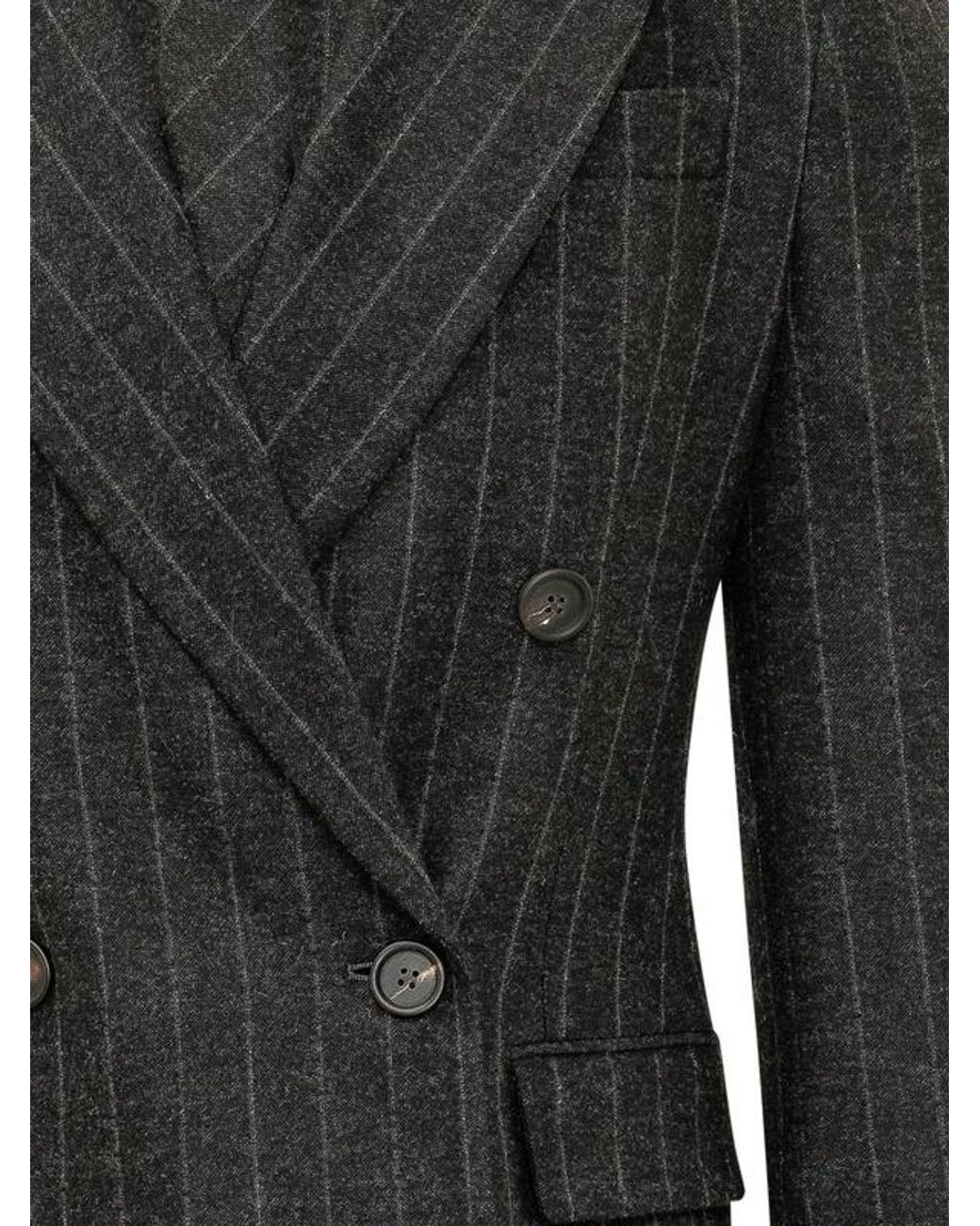 Brunello Cucinelli Black Double-Breasted Pinstripe Blazer