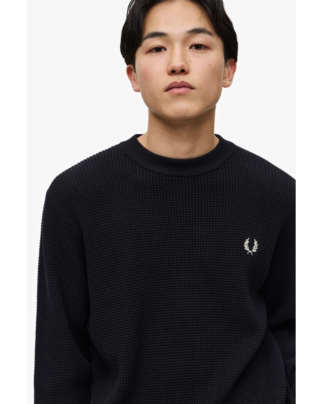 Fred Perry Black Waffle-Knit Crewneck Jumper for men