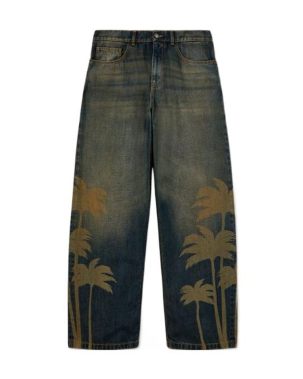Palm Angels Green Laser Palm Wide Leg Jeans for men