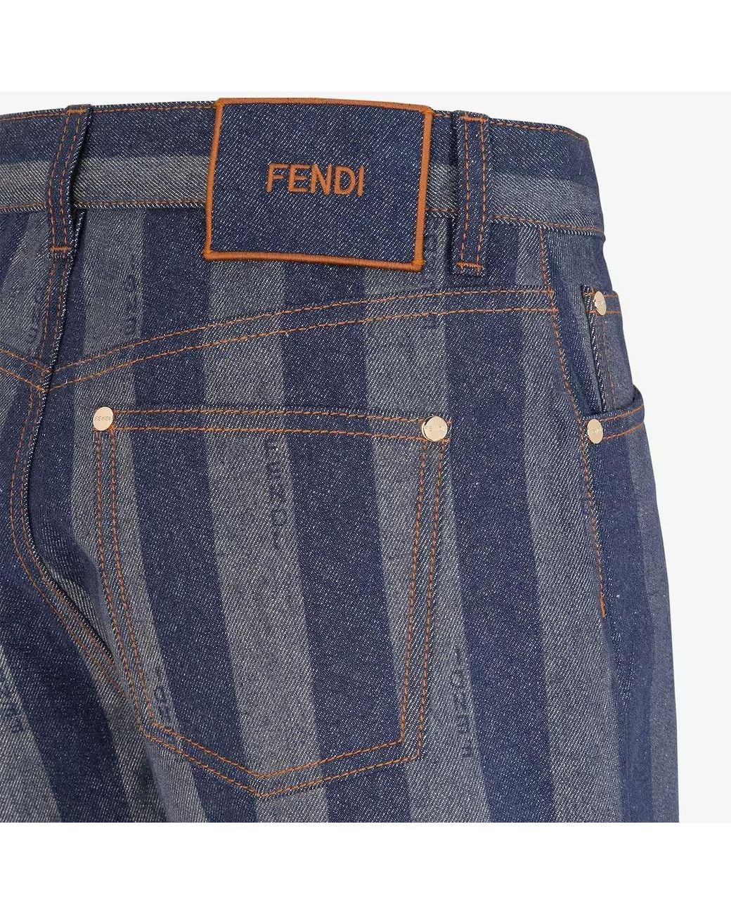 Fendi Blue Logo Embroidered Striped Denim Shorts