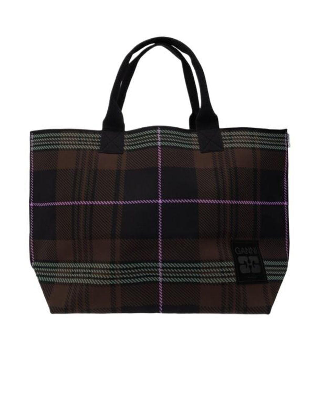 Ganni Black Checked Logo Patch Tote Bag