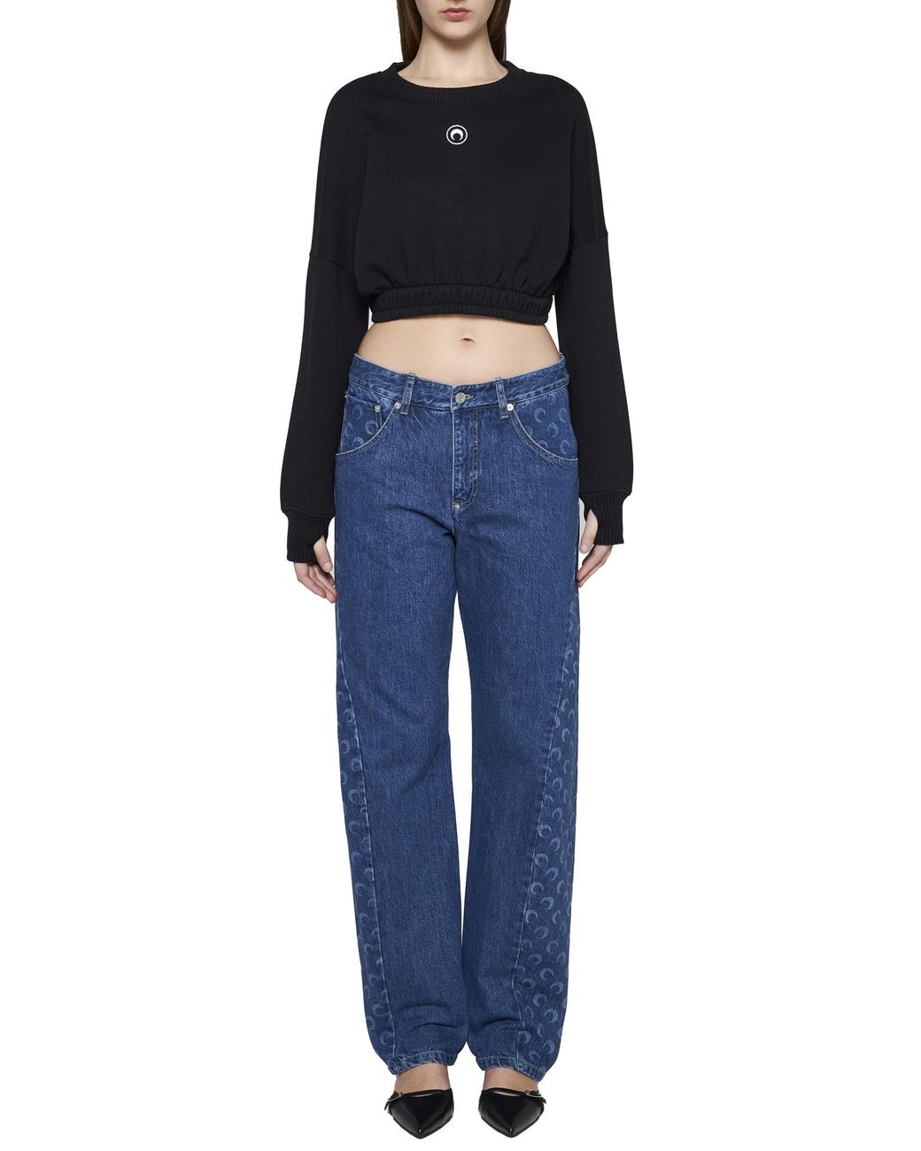 MARINE SERRE Black Moon Embroidered Cropped Knit Jumper