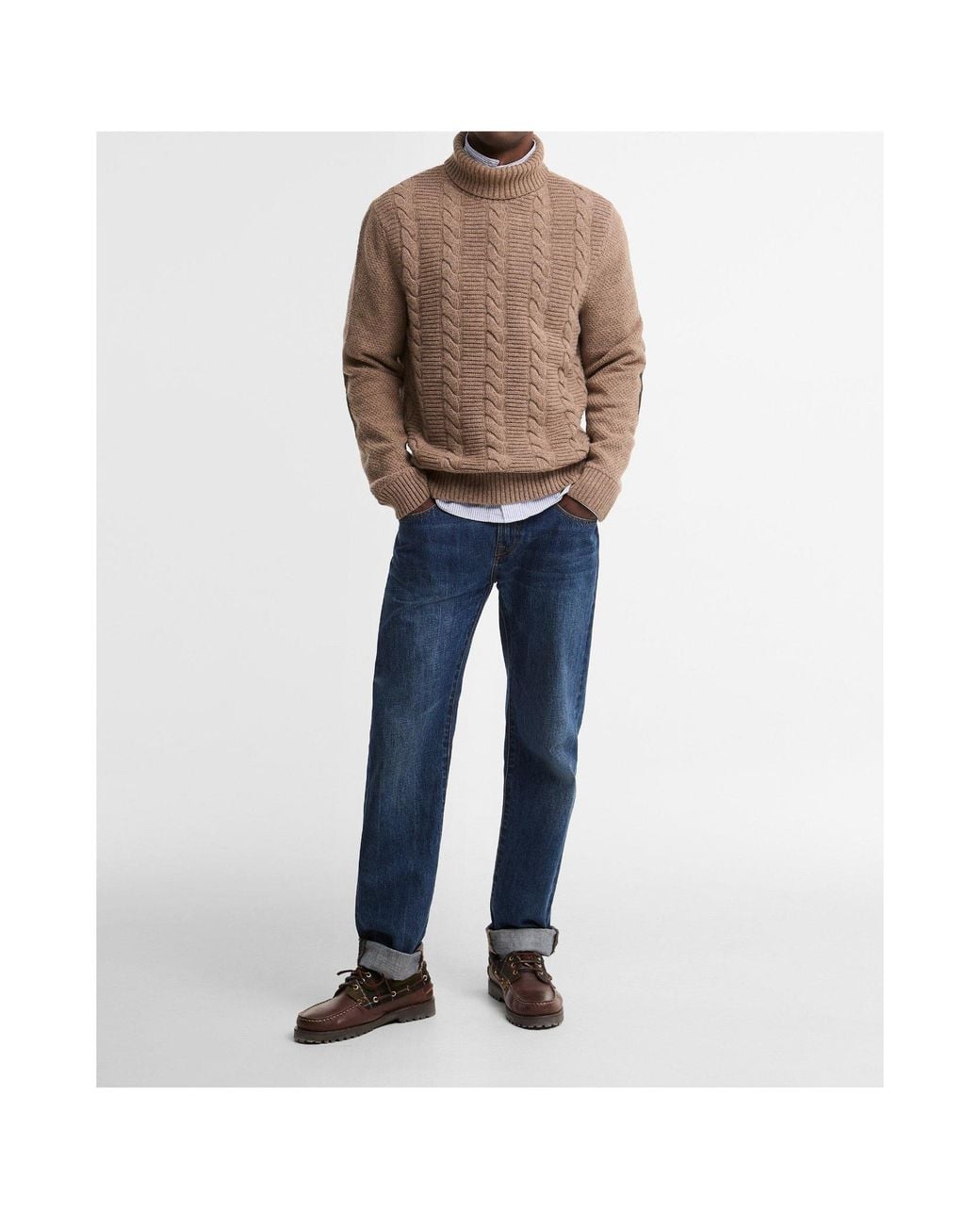 Barbour Brown Cable Knit Wool Turtle Neck Jumper for men