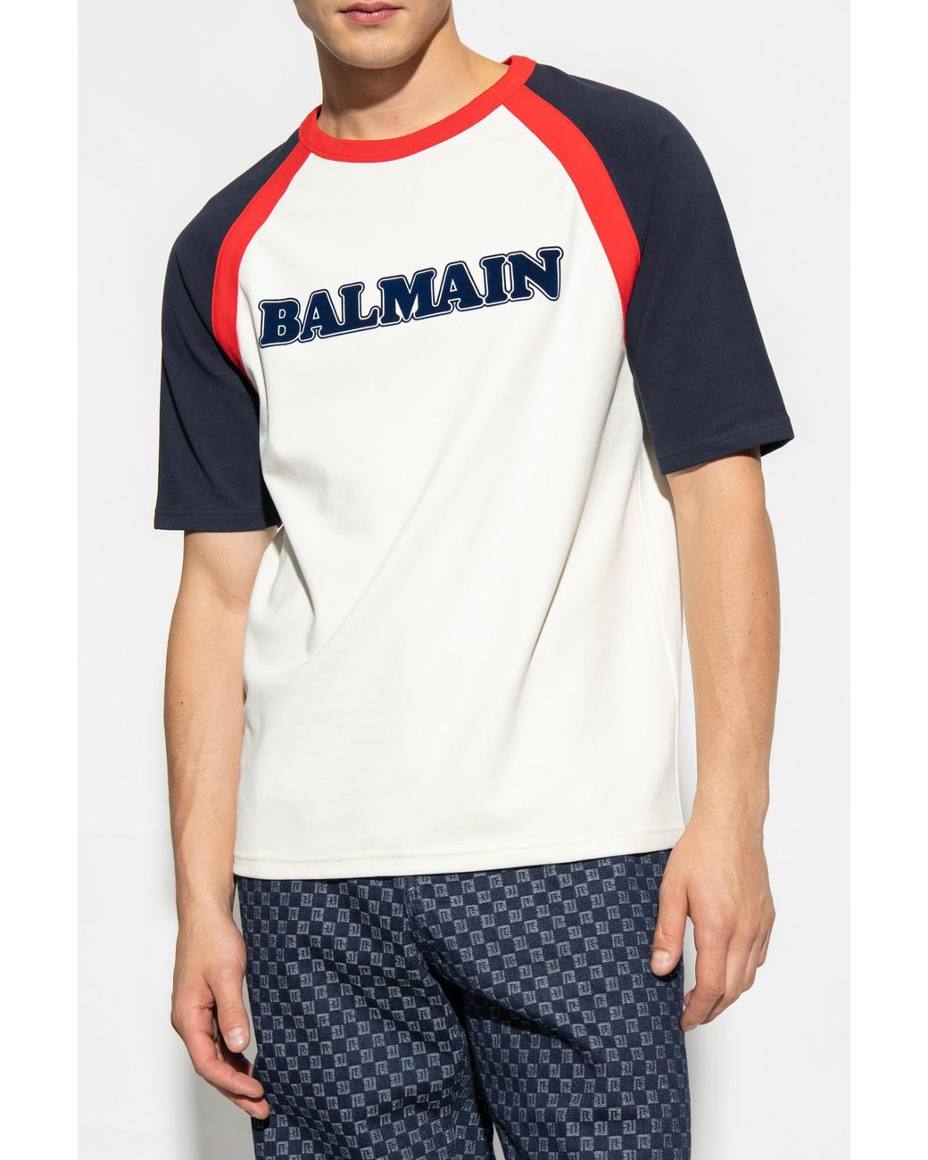Balmain Blue Flocked Logo Crewneck T-Shirt for men