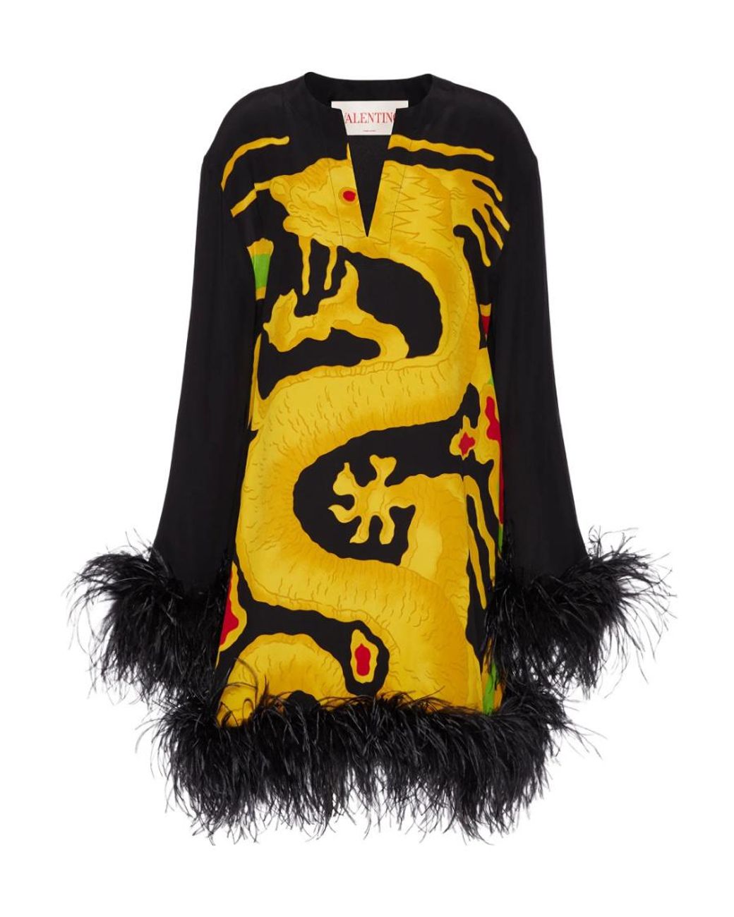 Valentino Yellow Dragon-Print Feather-Trim Silk Dress