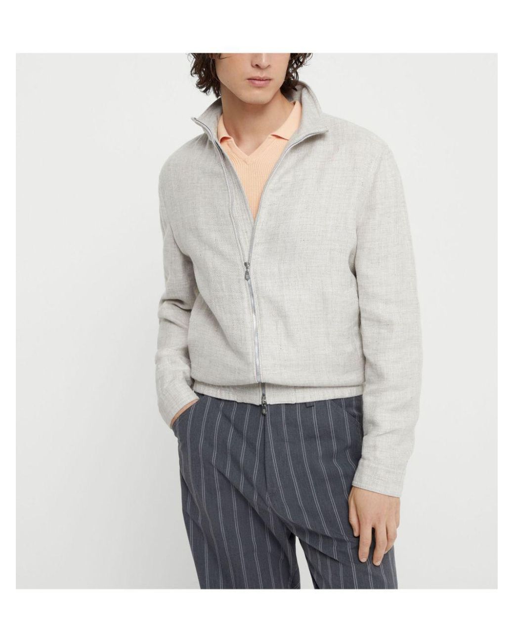 Brunello Cucinelli White Zipped Bomber Jacket for men
