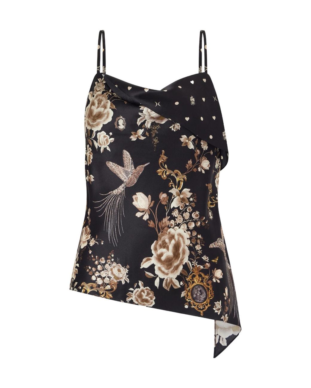 Camilla Black Asymmetric Draped Embellished Embroidered Printed Silk-Satin Top