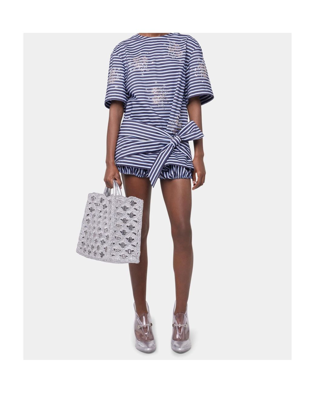 Rabanne Blue Striped Embroidered Poplin T-Shirt