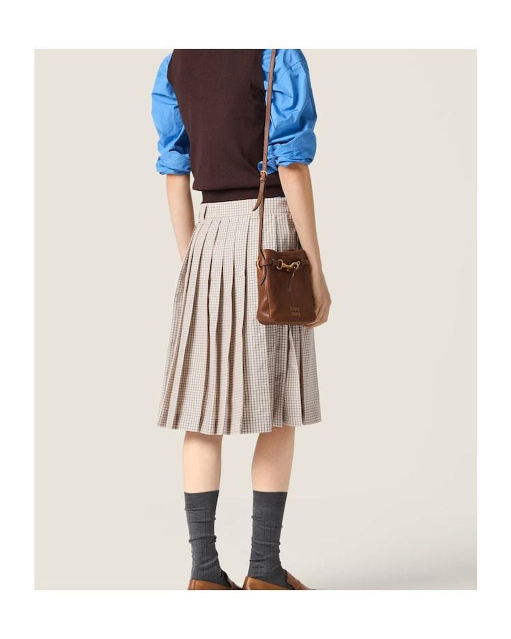 Miu Miu Natural Checked Pleated Midi Skirt