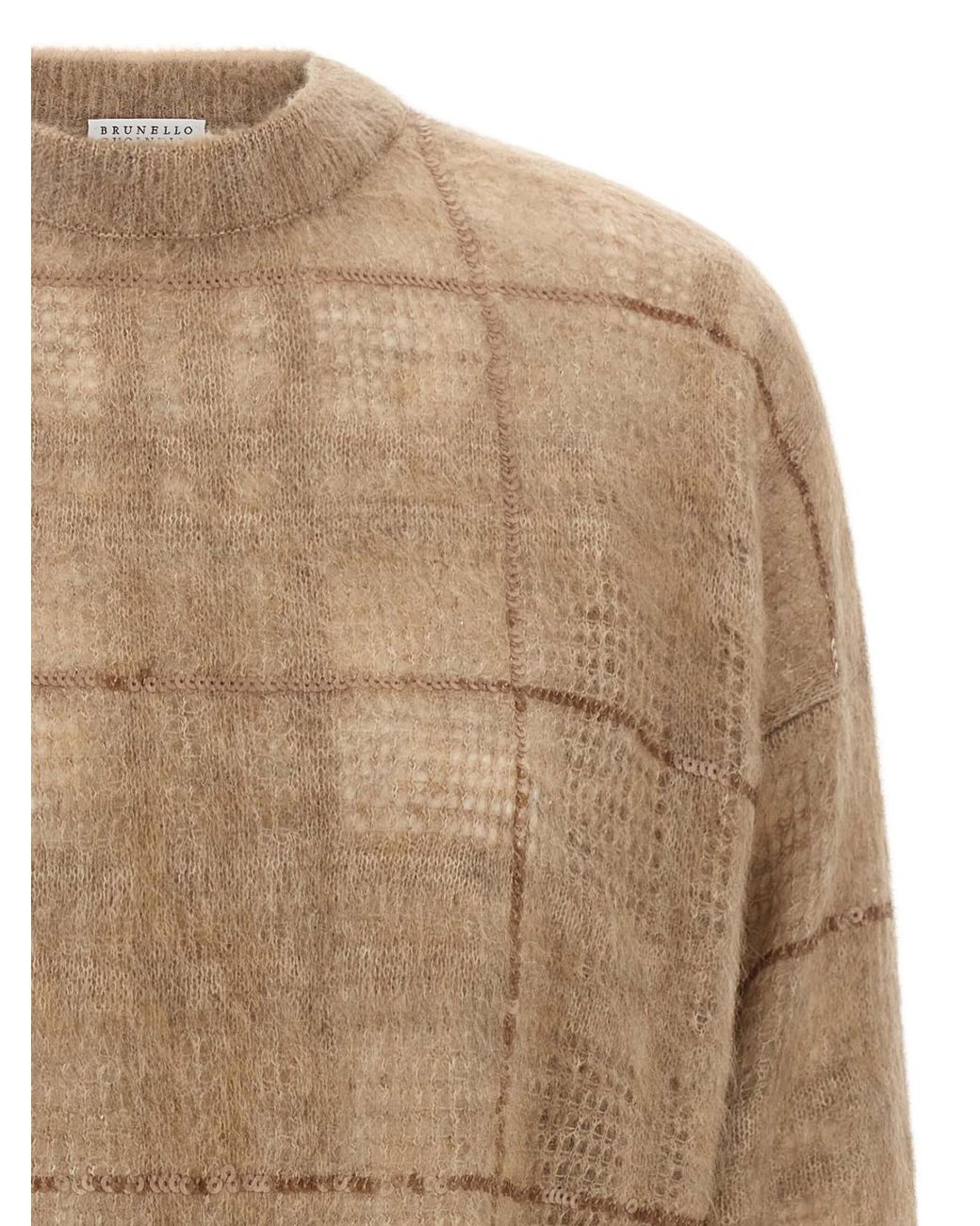 Brunello Cucinelli Natural Sequin Check Cropped Sweater