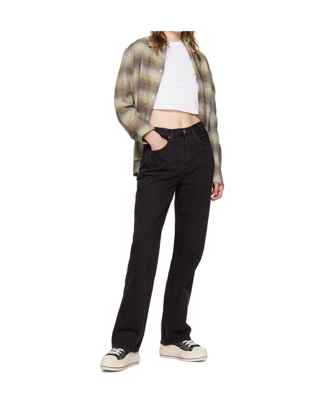 Re/done Black Short-Sleeve Cropped T-Shirt