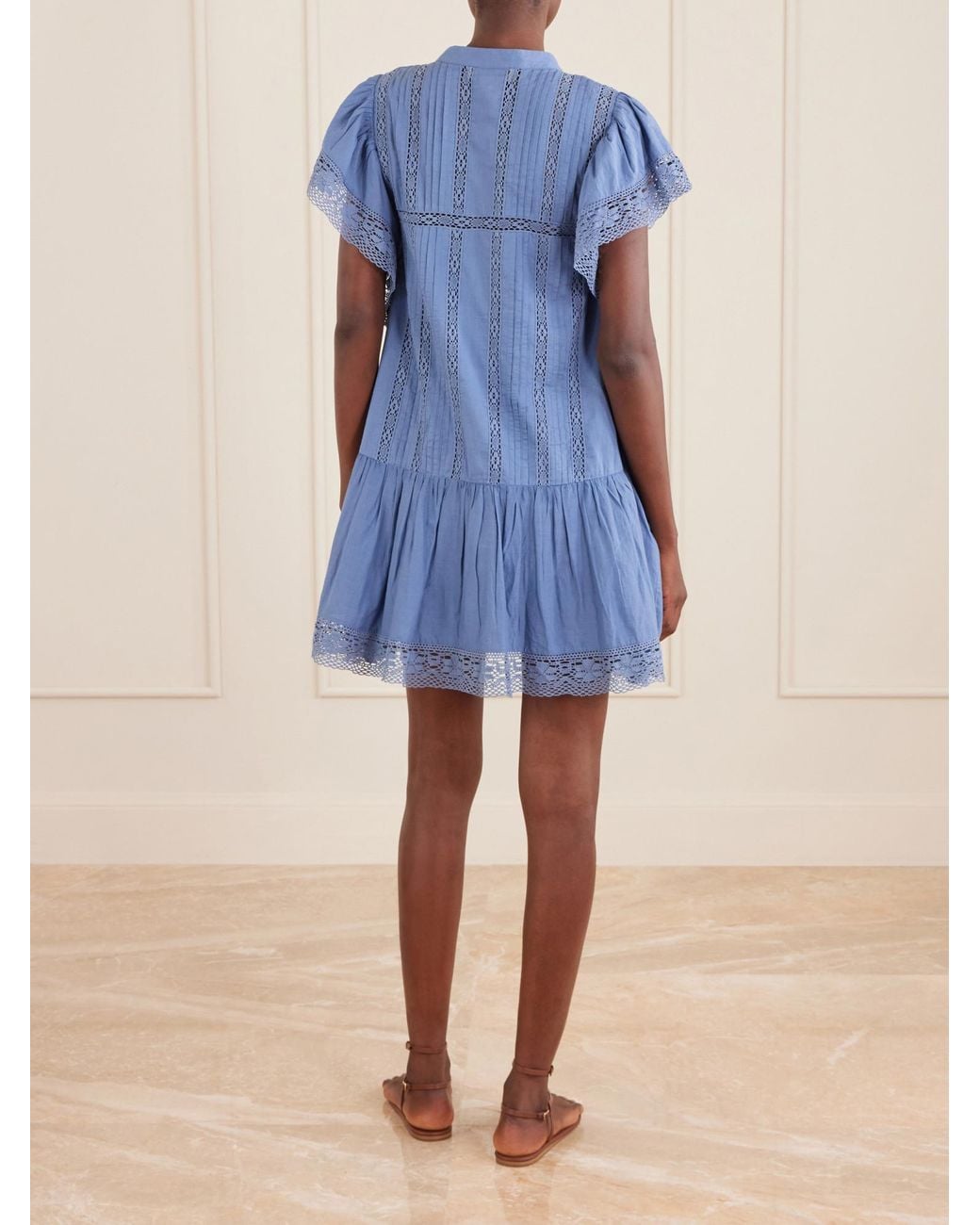Sea Blue Tiered Lace-Trimmed Cotton Mini Dress