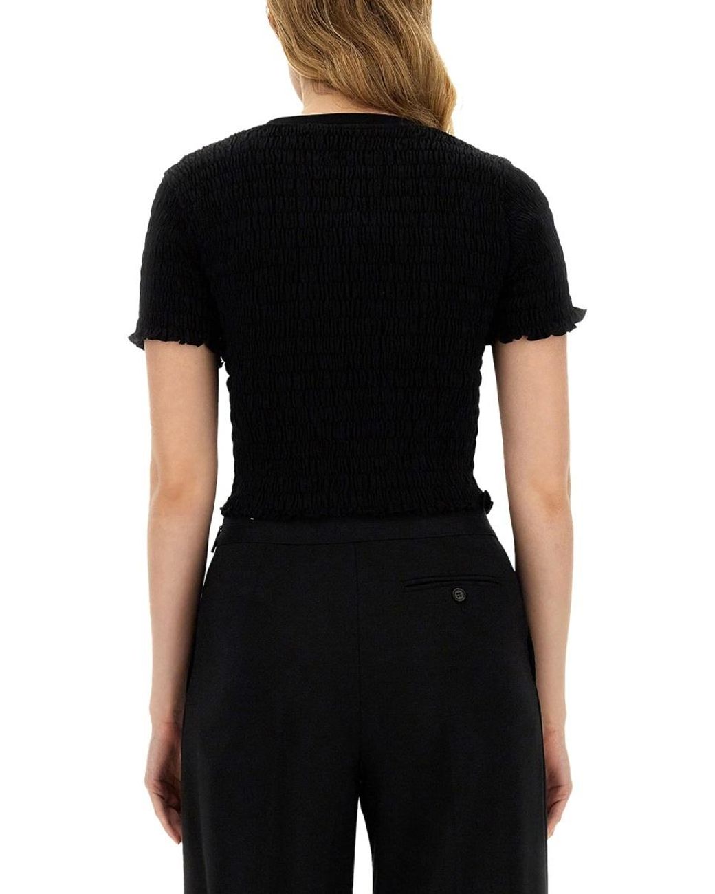 MSGM Black Logo-Printed Smocked Cropped Top