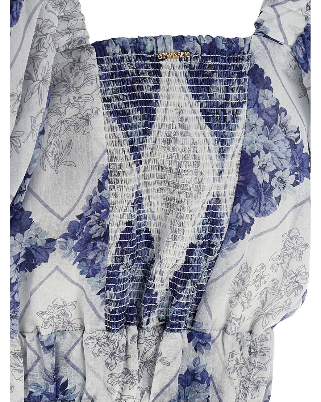 Twinset Blue Floral Puff-Sleeve Cropped Top