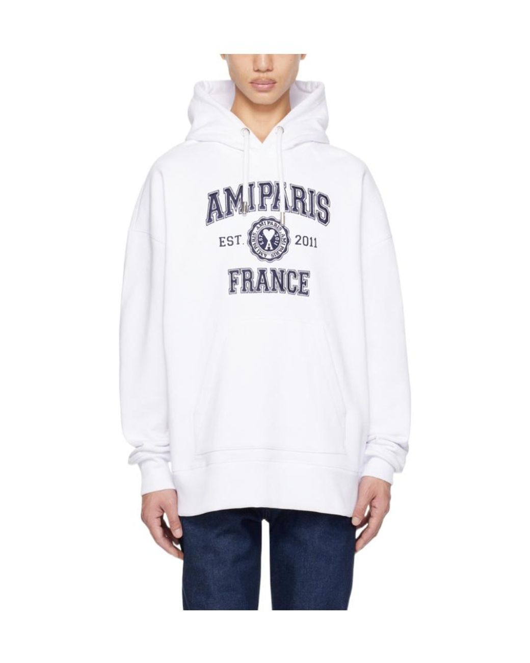 AMI White Logo-Printed Long-Sleeved Drawstring Hoodie for men