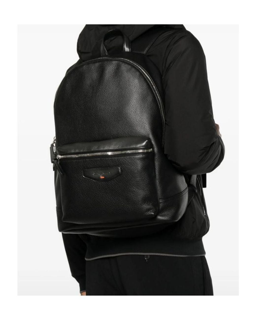 Santoni Black Leather Backpack for men