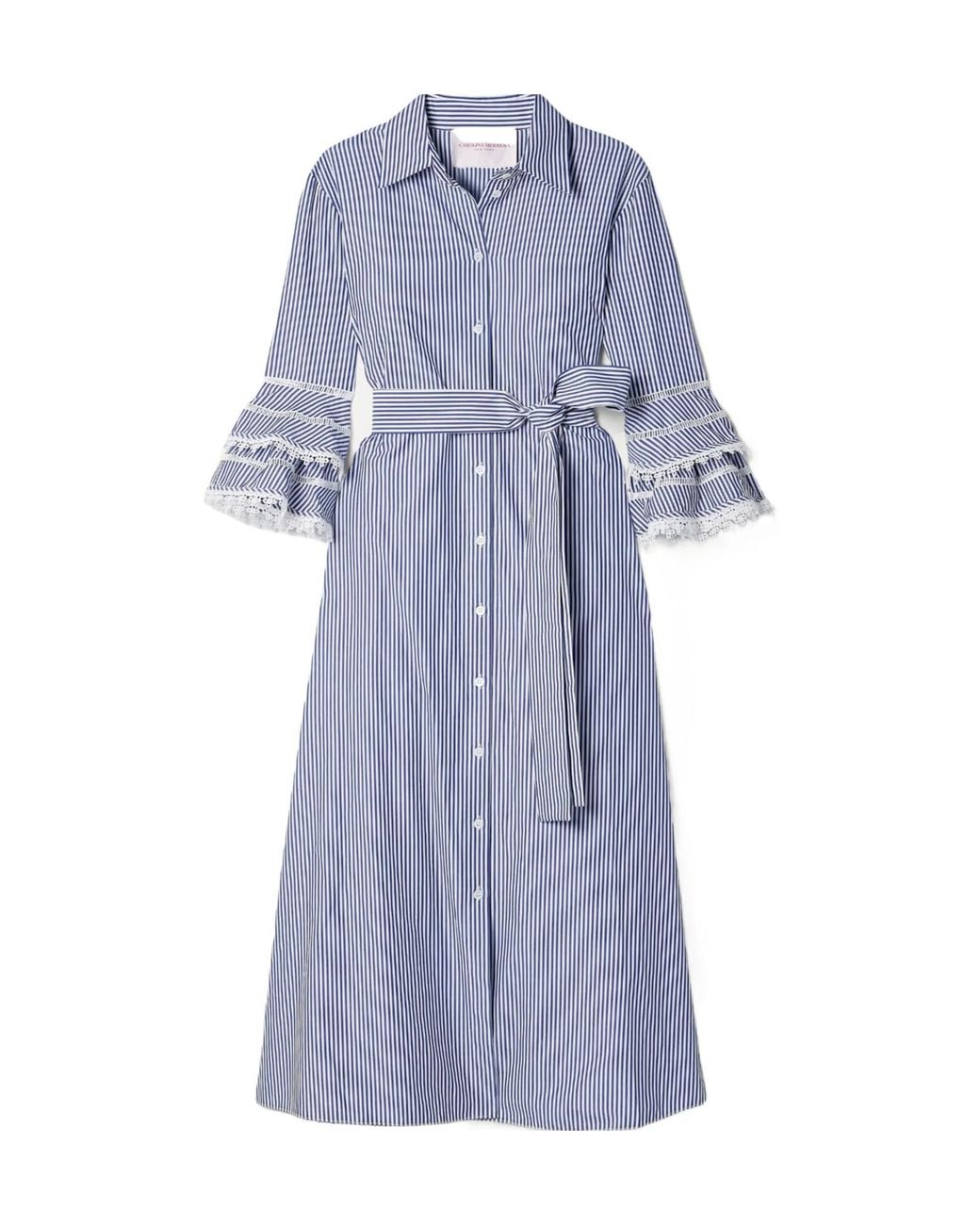 Carolina Herrera Blue Tie-Waist Striped Shirt Dress