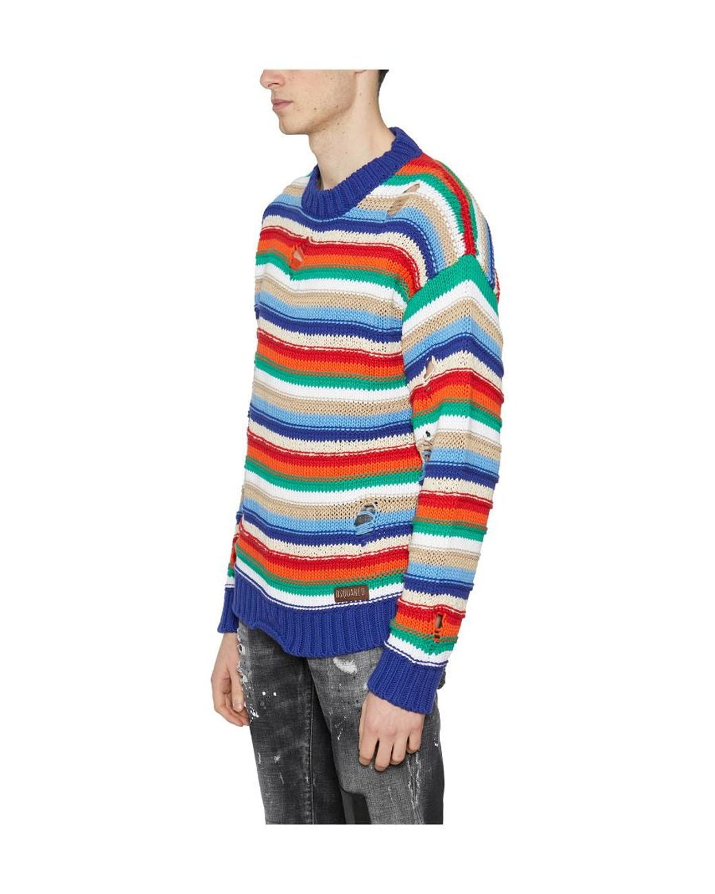 DSquared² Blue Stripe-Pattern Ripped Sweatshirt for men