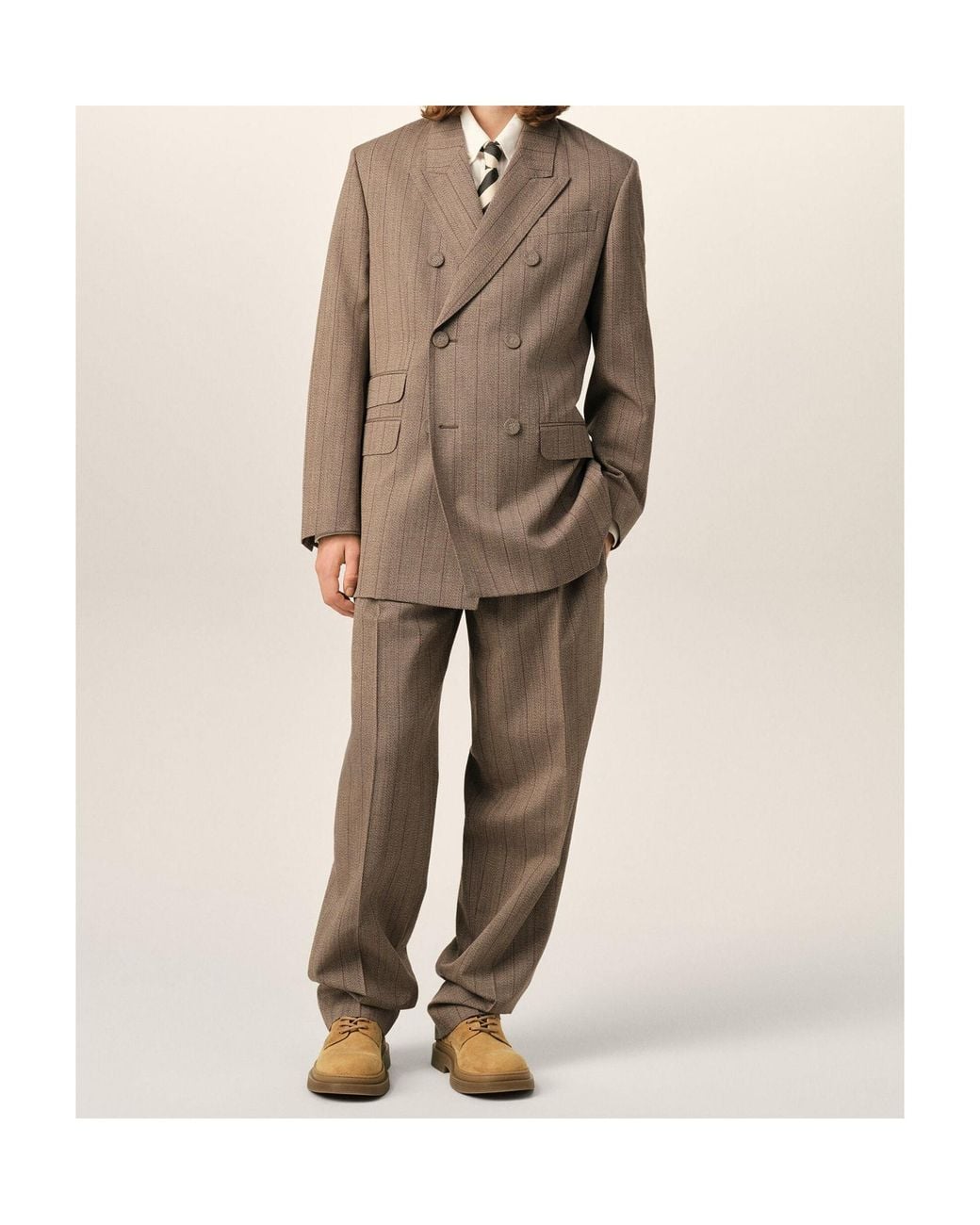 AMI Brown Double Breasted Striped Wool Blazer for men