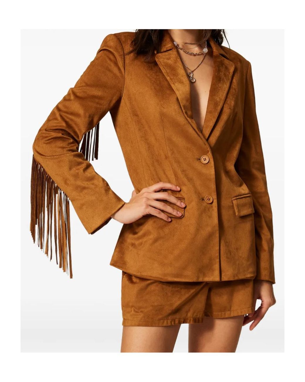 Twinset Brown Fringed Faux-Suede Blazer