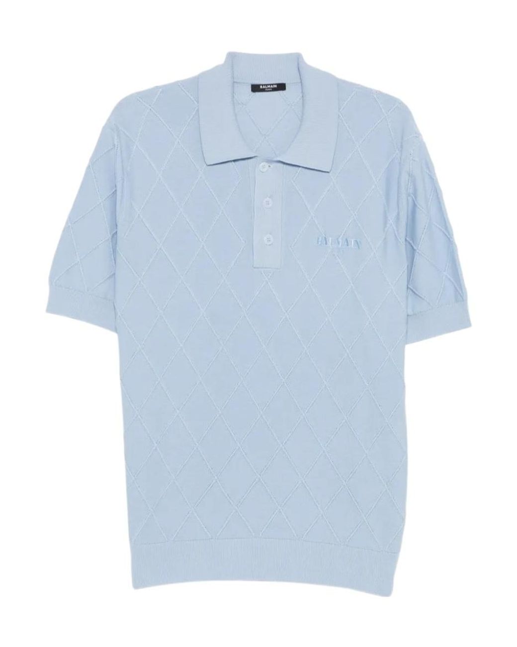 Balmain Blue Diamond-Knit Logo-Embroidered Polo Shirt for men