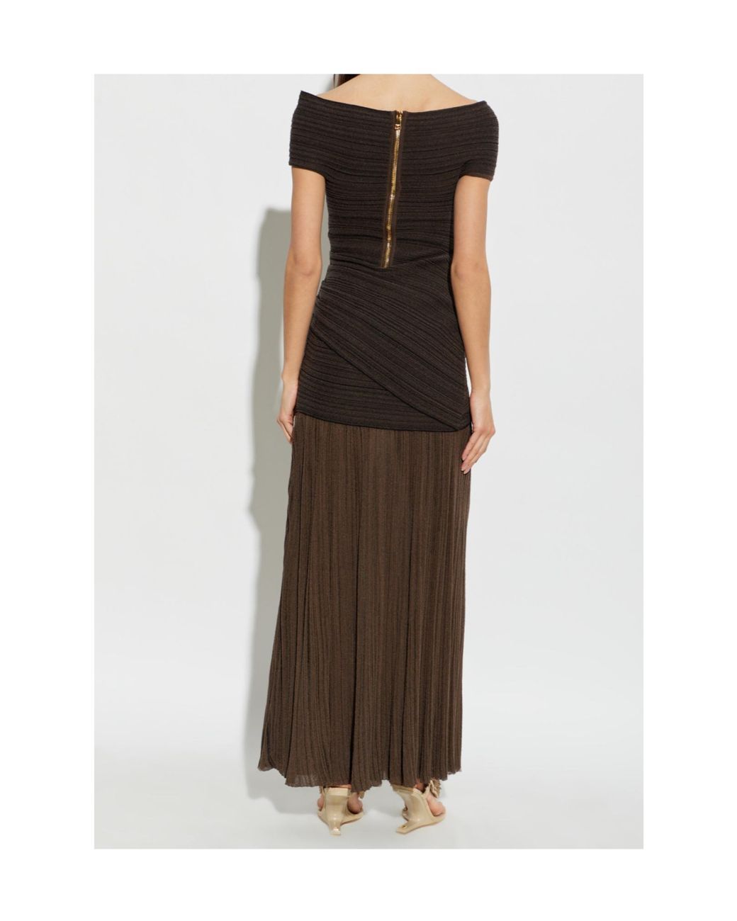 Balmain Brown Draped Off-Shoulder Dress