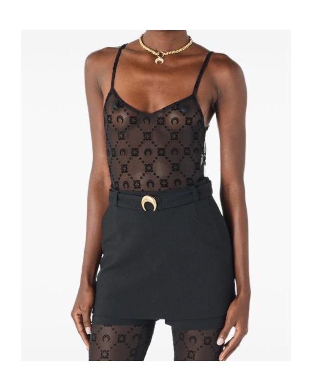 MARINE SERRE Black Moonogram Mesh Flock Straps Top