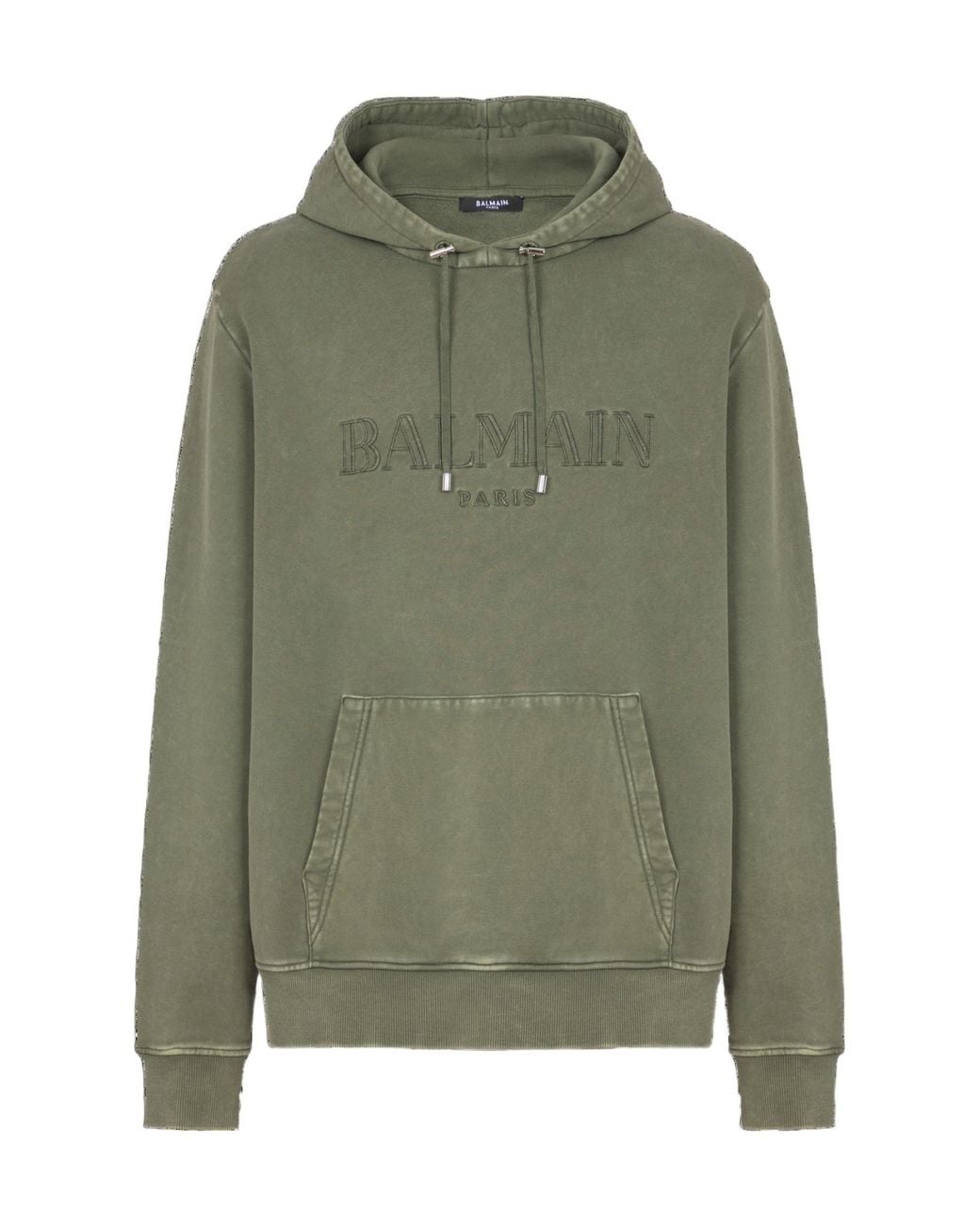 Balmain Green Logo Embroidered Vintage Drawstring Hoodie for men