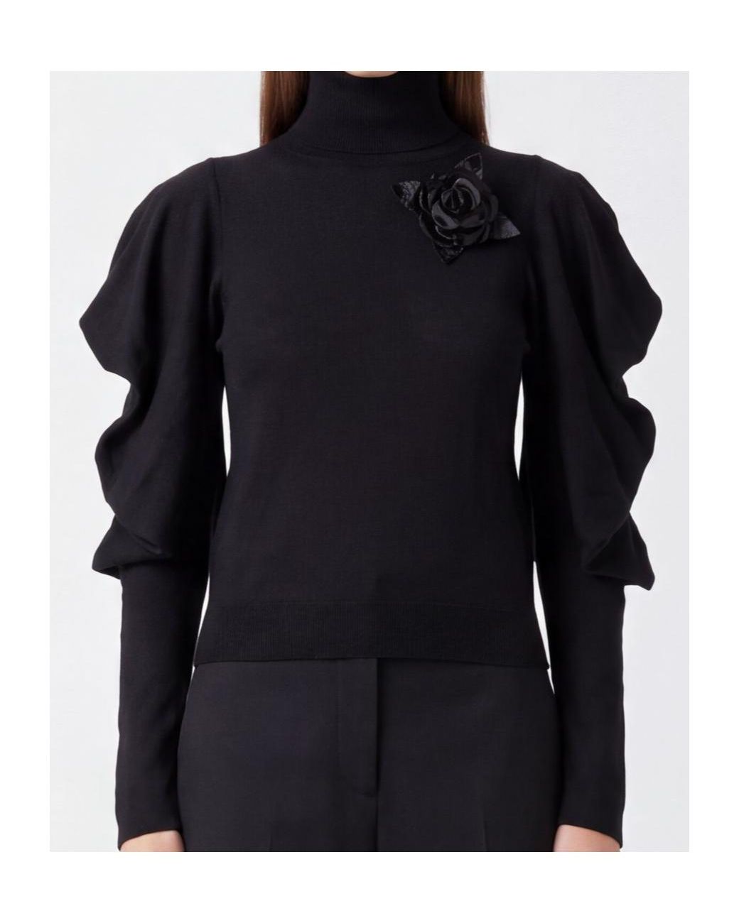 Blumarine Black Puff-Sleeve Turtleneck Sweater