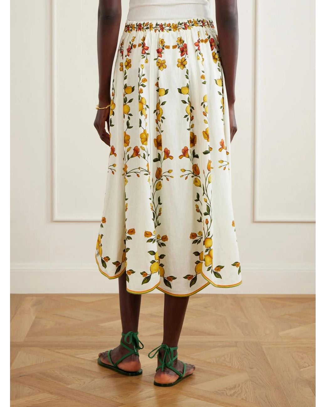 Farm Rio Metallic Lemon Bouquet Pattern Midi Skirt