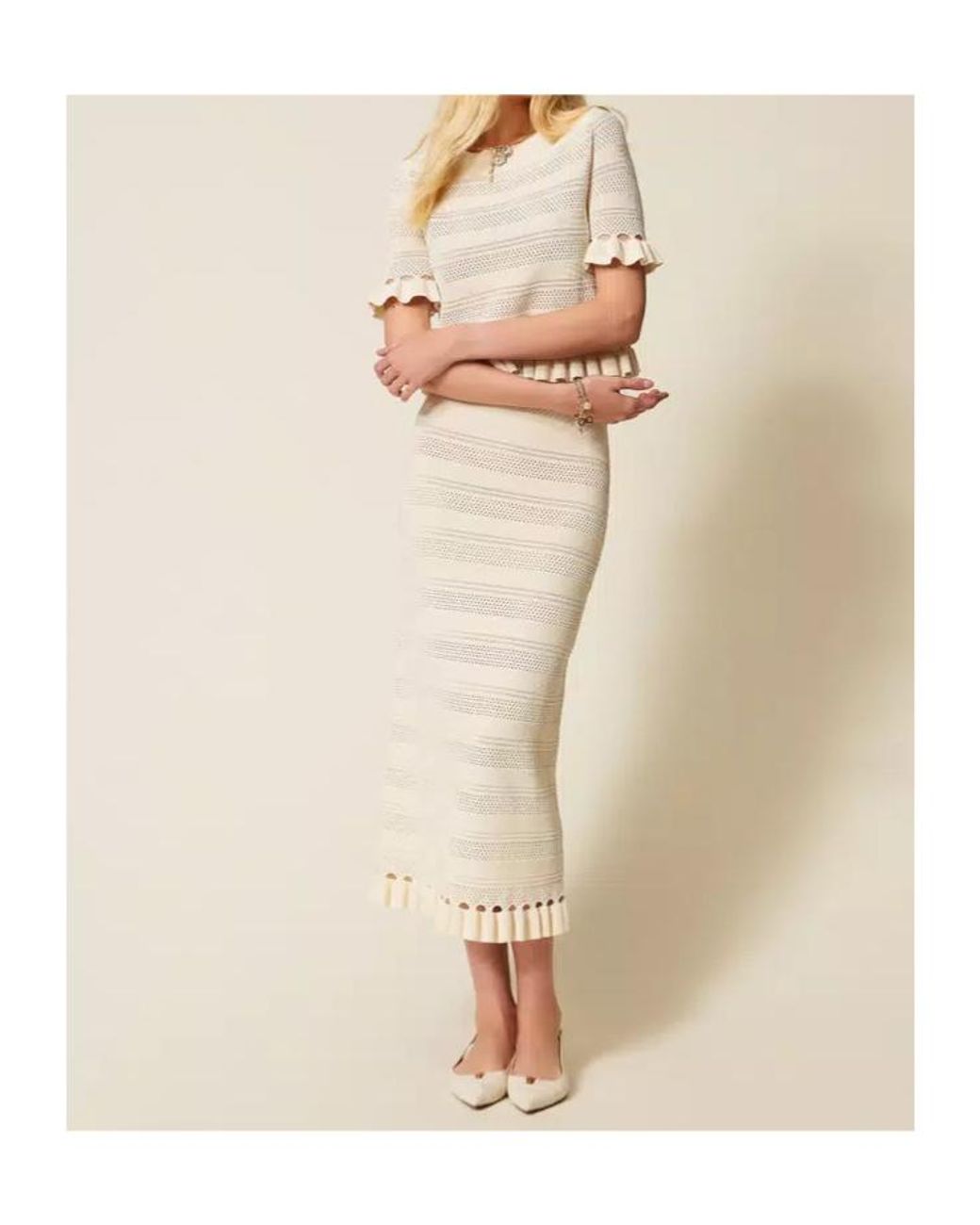 Twinset Natural Ruffle Knitted Midi Skirt