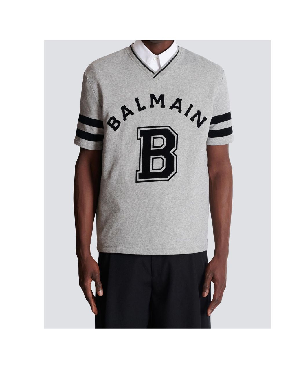Balmain Gray V-Neck Logo-Print T-Shirt for men