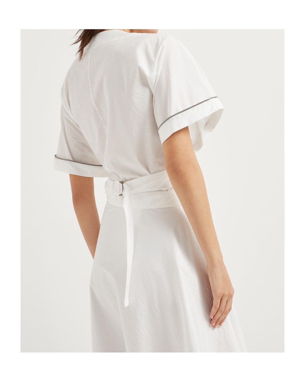Brunello Cucinelli White Shiny Trim Poplin Kimono-Style Top