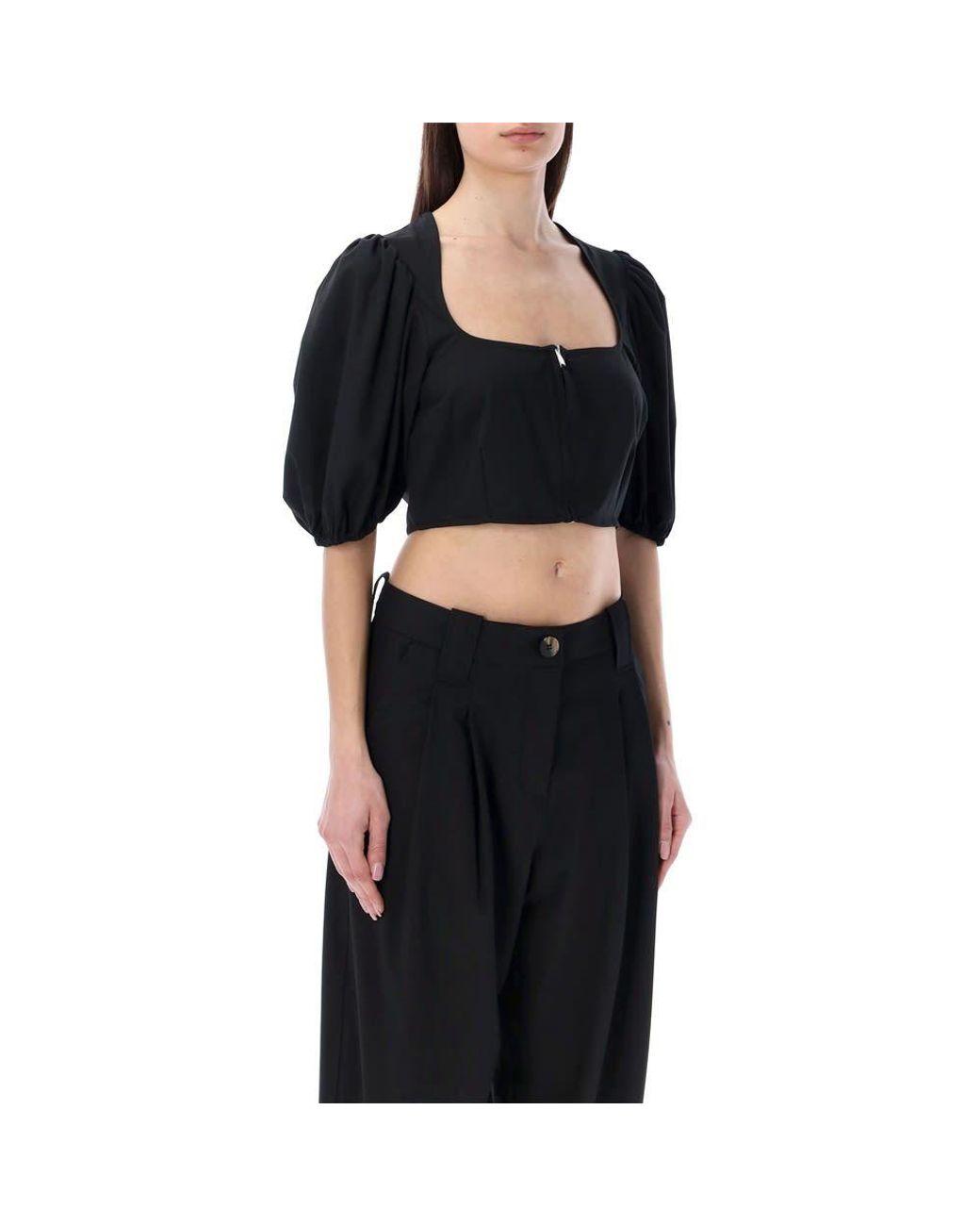 Ganni Black Puff Sleeved Cropped Top