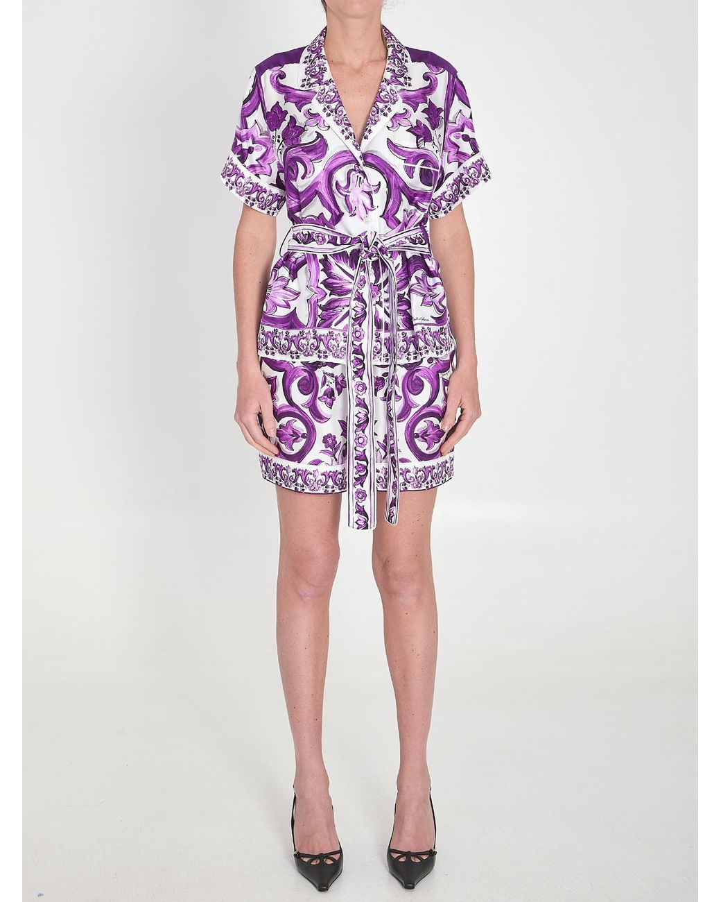 Dolce & Gabbana Purple Majolica Printed Short-Sleeved Shirt