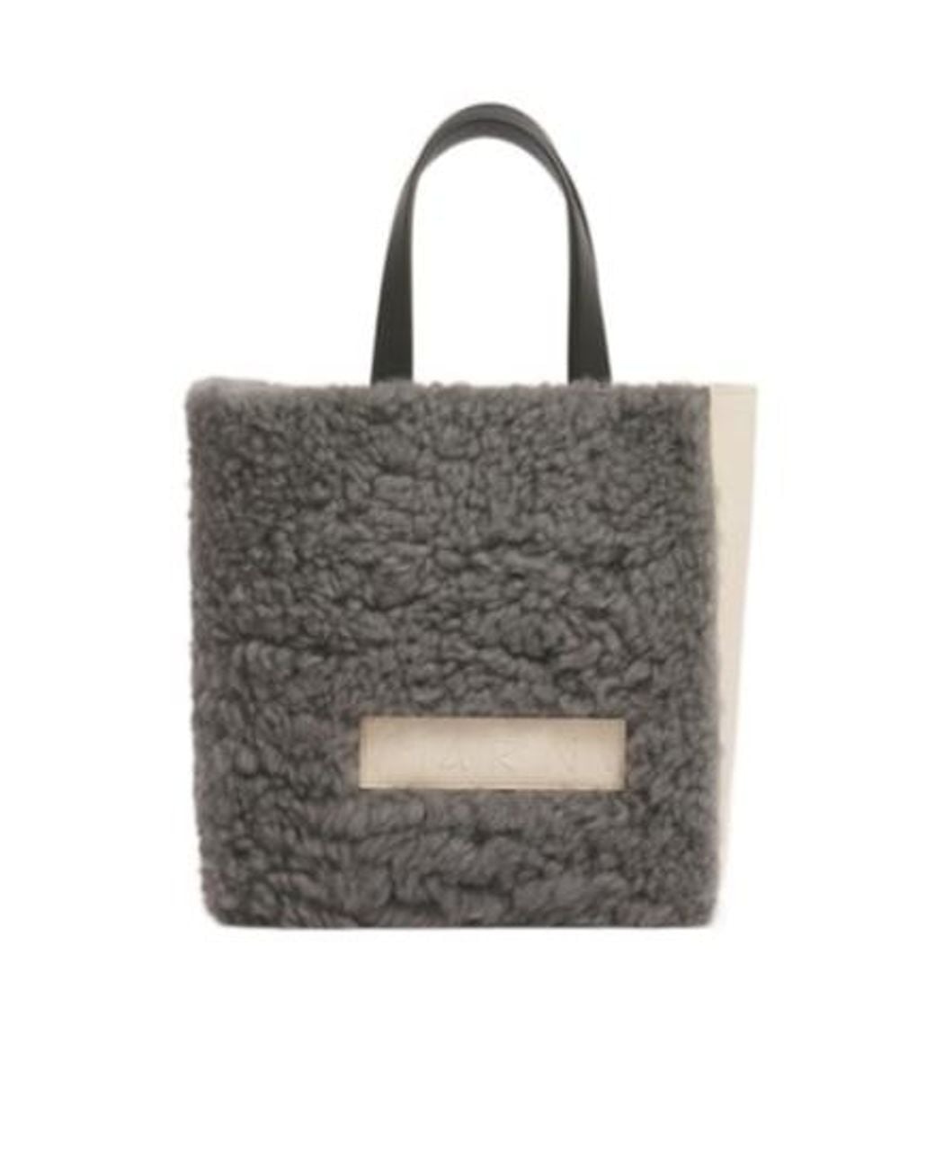 Marni Gray Logo Detailed Shearling Tote Bag