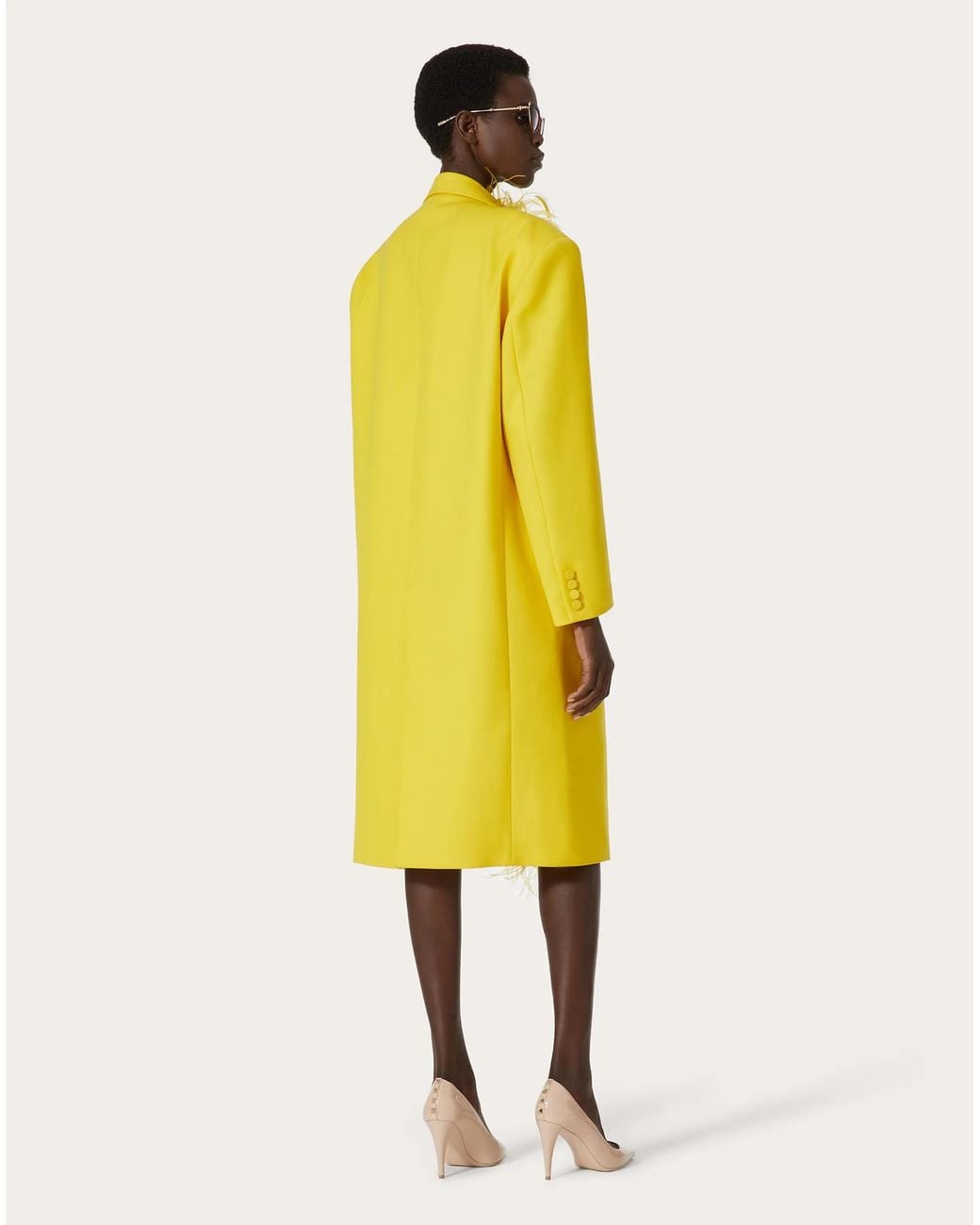 Valentino Yellow Feather-Trim Double-Breasted Wool Coat