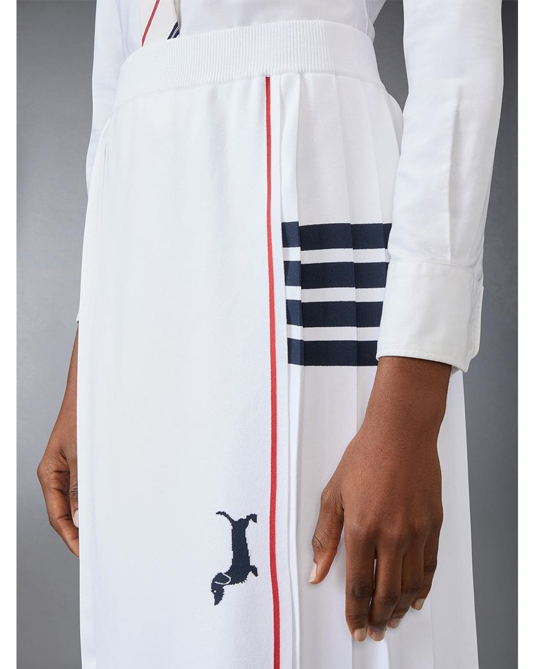 Thom Browne White Pleated Dachshund-Intarsia Knit Midi Skirt