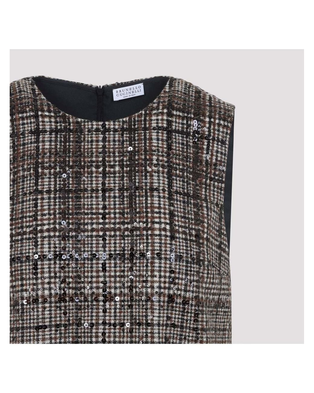 Brunello Cucinelli Brown Checked Alpaca And Wool Mini Dress With Dazzling Degradé Embroidery