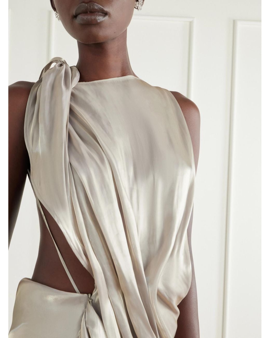Maticevski White Glow Up Draped Metallic-Satin Gown