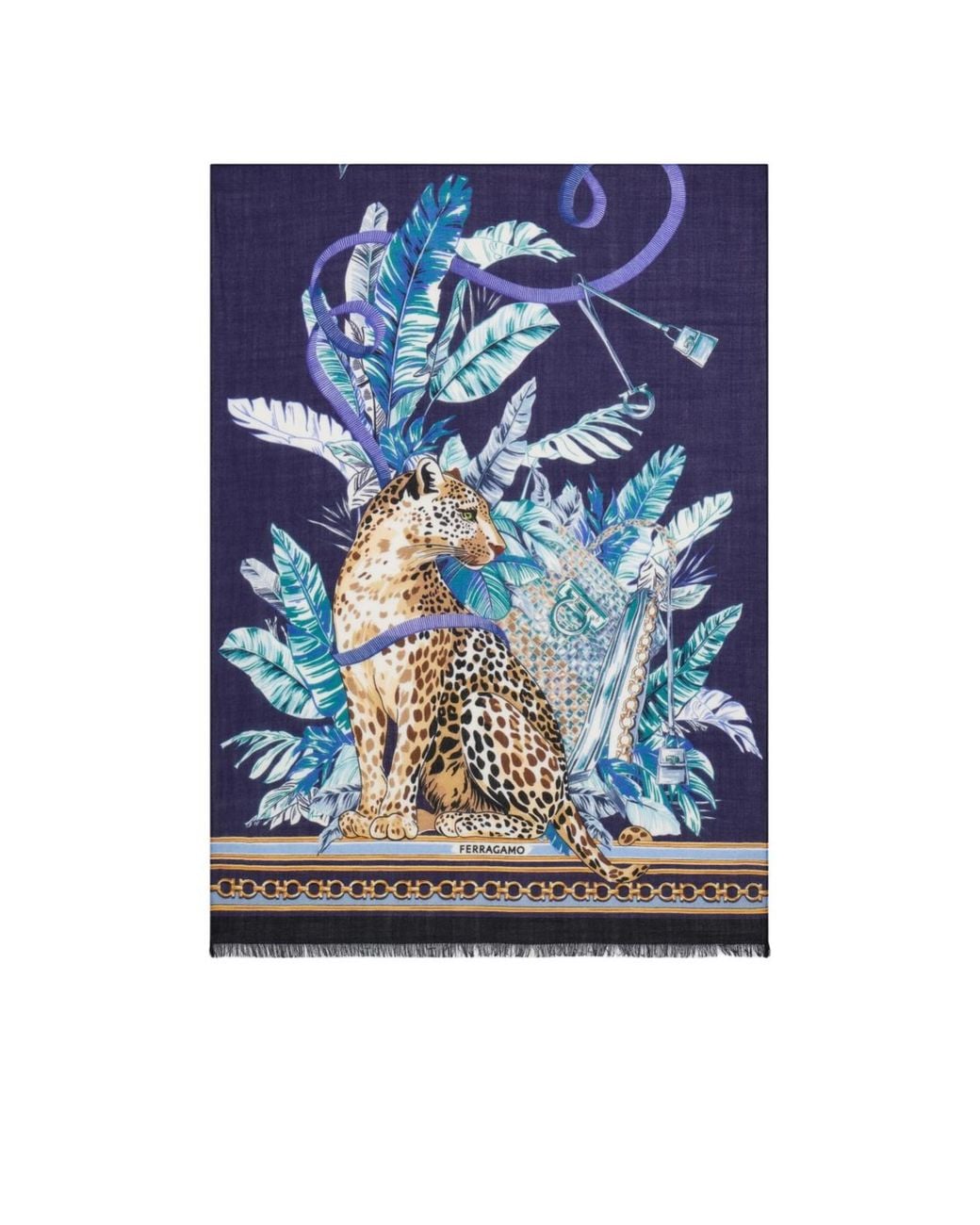 Ferragamo Blue Feline Print Pure Wool Stole