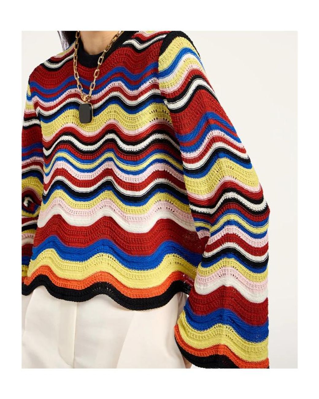 LaDoubleJ Multicolor Wave-Pattern Bell-Sleeve Sweater