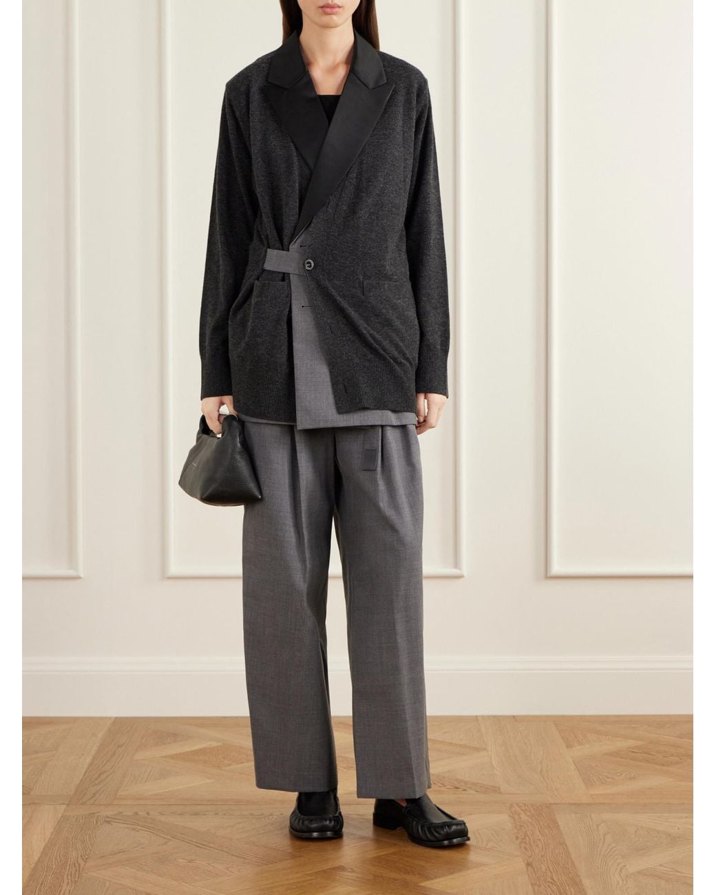 Sacai Black Satin-Trimmed Wool Cardigan