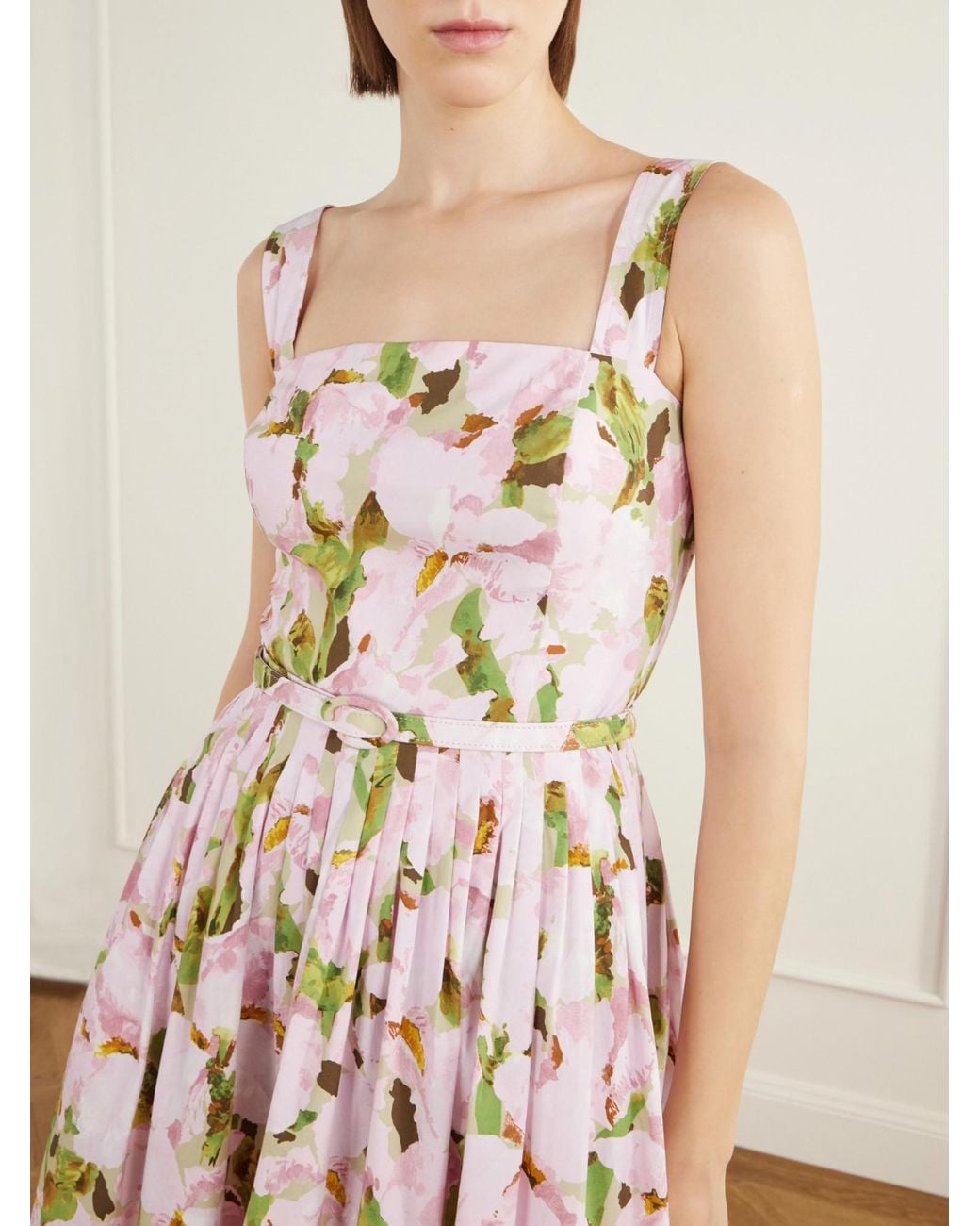 Oscar de la Renta White Belted Pleated Floral-Print Midi Dress